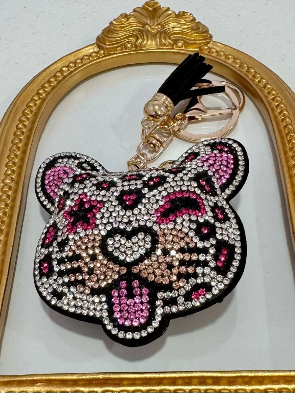 New White Crystal Leopard Face Keychain